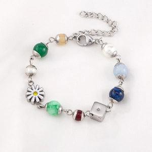 Stainless Steel Beaded Bracelet With Multi Colored Beads Daisy Flower Dice Charm Rhinestone Imitation Artificial Pearl For Women Men