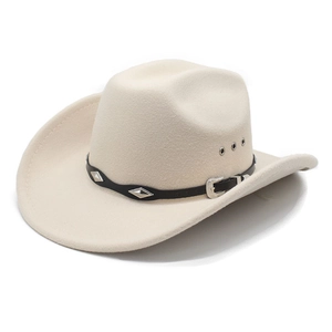 Close-up of wide brim wool fedora hat with black leather band and silver metal studs