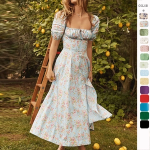 Women Summer Floral Puff Sleeve Midi Dress Polyester French Retro Square Neck High Slit Fashion Slim Fit Casual