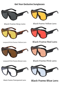 Detail view showing eight color variants of oversized pilot sunglasses with T-metal accents