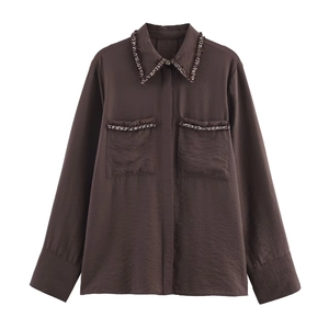 Camicetta Satinata Testurizzata Da Donna Manica Lunga Bordo A Contrasto Camicia Bottoni Casual Elegante Ufficio
