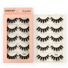 Close-up of 5 pairs of 3D black synthetic false eyelashes in pink packaging, model Y200
