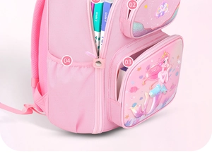 Detailed side view of pink mermaid schoolbag showing multi-layer storage compartments