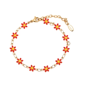 Elegant gold stainless steel chain bracelet featuring red and yellow daisy charms