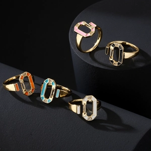 Octagon 18K gold plated copper open ring with colorful enamel and zircon accents
