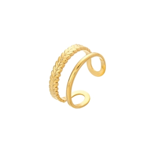 Detailed view of gold-plated double-layer open ring with wheat leaf texture and polished band