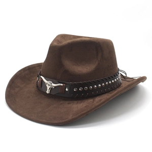 Western Cowboy Hut Vintage Wildleder Breitkrempig Sonnenschutz Kunstlederband Metall Stierkopf Nieten Unisex Outdoor Reisen
