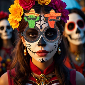 Detail of Day of the Dead party glasses with glittery cactus and sombrero decorations