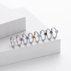 Minimalist S925 sterling silver hoop earrings with 8 colors of inlaid gemstones