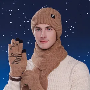 Winter men's knitted beanie hat scarf and touch screen gloves set in dark camel color