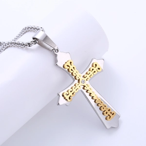 Double-layered stainless steel cross necklace with gold filigree and centered zircon stone
