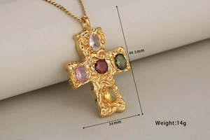 Detail view of gold stainless steel cross pendant with dimensions 49.3mm by 34mm