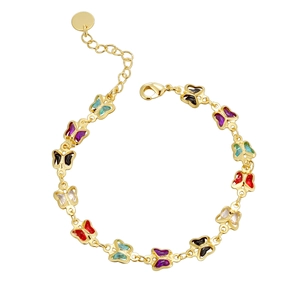 Gold-plated brass bracelet featuring multi-colored acrylic butterfly charms and lobster clasp