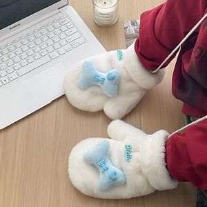 Plush white mittens with blue bow detail and Hello embroidery for winter warmth
