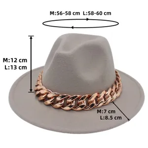 Detailed size guide for grey felt jazz fedora with a decorative rose gold acrylic chain