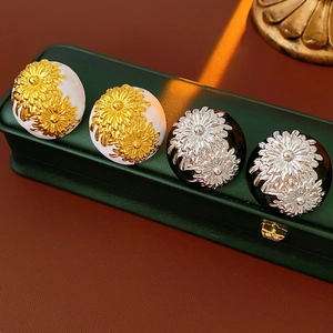 Detail showing vintage daisy flower earrings in gold-white and silver-black on leather