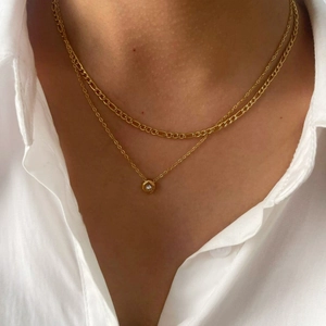 French style 18K gold plated titanium necklace set with zircon pendant on model