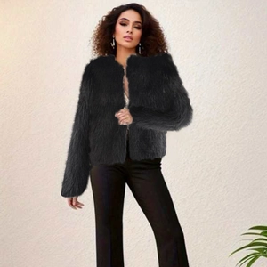 Women's chic black faux fur cropped jacket with round neck for elegant winter street style