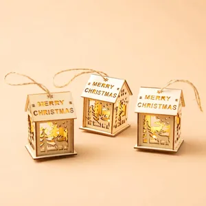 Christmas Wooden House Hanging Ornament LED Glowing Warm Light Laser Cut Hollow Reindeer Forest Star Wood Holiday Tree Decor