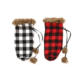 Red and white plaid Christmas wine bottle covers with brown faux fur trim for home decor