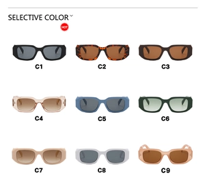Detailed grid of oversized rectangular sunglasses in nine various trendy frame colors
