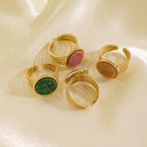 Set of four 14K gold-plated stainless steel open rings with natural stone inlays