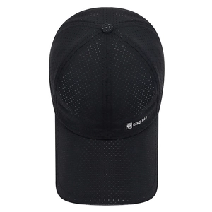 Front view of black lightweight quick-dry baseball cap with laser-cut breathability holes