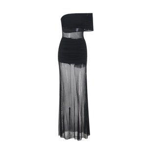 Robe mi-longue noire élégante à épaules dénudées avec superposition en tulle froncé
