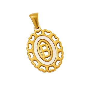 Collier en acier inoxydable doré 18k avec lettre B, incrustation nacre et cœurs