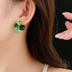 Elegant green geometric crystal stud earrings featuring four hexagon cut stones for women