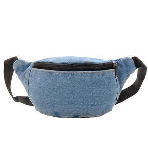 Minimalist light blue denim crossbody bag for kids with black zipper and strap