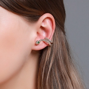 Vintage gold snake ear cuff with sparkling crystals and green gemstone eye accents