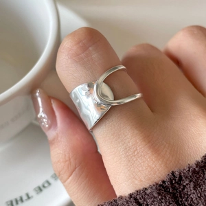 925 Sterling Silver Ring Irregular Geometric Hammered Texture Adjustable Open Band Minimalist Jewelry For Women