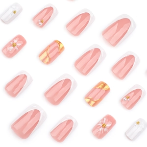 3D sunflower press on nails with white French tips and elegant pearl embellishments