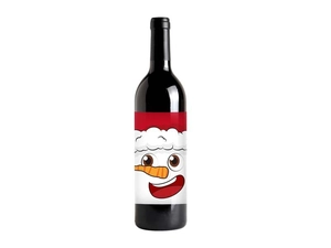 Detail of Christmas snowman wine bottle sticker with gold foil and festive facial design