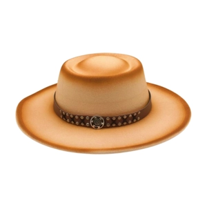 Flat top wide brim wool felt jazz hat with caramel gradient and leather rivet band