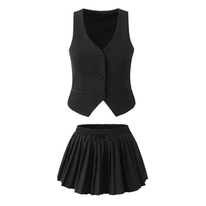 Detailed flat lay of black V-neck buttoned vest and high-waisted pleated mini skirt set