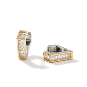 Modern geometric copper ear studs with bicolor gold silver finish and zircon stones