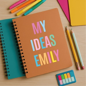 Custom spiral notebook with colorful letters and wood texture background for stationery