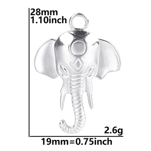 Detailed view of elephant pendant with dimensions showing 28mm height and 19mm width