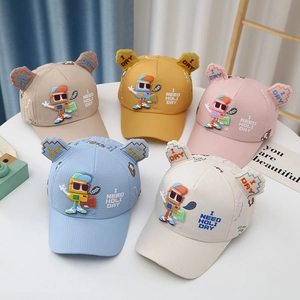 Detail of breathable mesh kids' baseball caps with cartoon robot patches and ears
