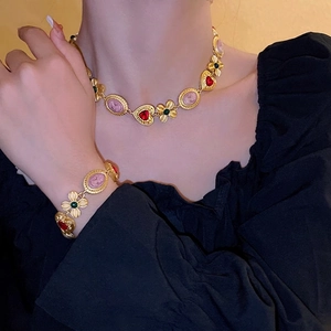 Vintage Baroque necklace and bracelet set with pink cameos and red heart gems