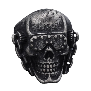 Vintage silver skull diver ring with mechanical gears and steampunk punk rock style