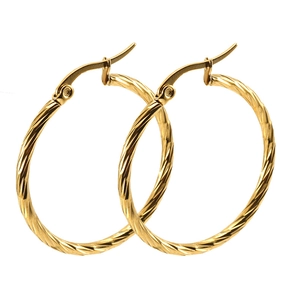 Detailed view of 18K gold plated stainless steel hoop earrings with spiral twisted texture