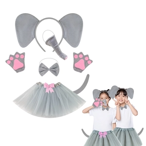 Elephant Ears Headband Nose Tail Bow Tie Tutu Set Grey Plush Animal Costume Kids Halloween Cosplay Party
