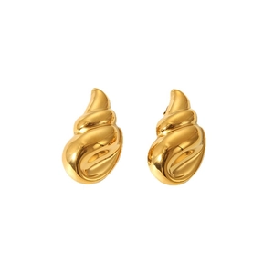 Elegant gold-tone geometric conch earrings with spiral texture and polished mirror finish