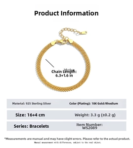 Detailed technical specification table for 925 sterling silver woven bracelet with 18K gold plating