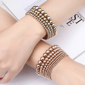 Stainless Steel Elastic Bead Bracelet Rose Gold Mixed Metal Colors Minimalist Stackable Fashion Jewelry Gift For Women