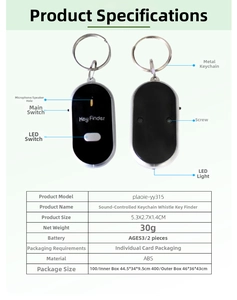 Detailed structural view of black electronic key finder with LED light and metal keychain