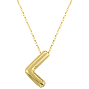 Macro detail of puffy letter L balloon pendant necklace in polished golden stainless steel